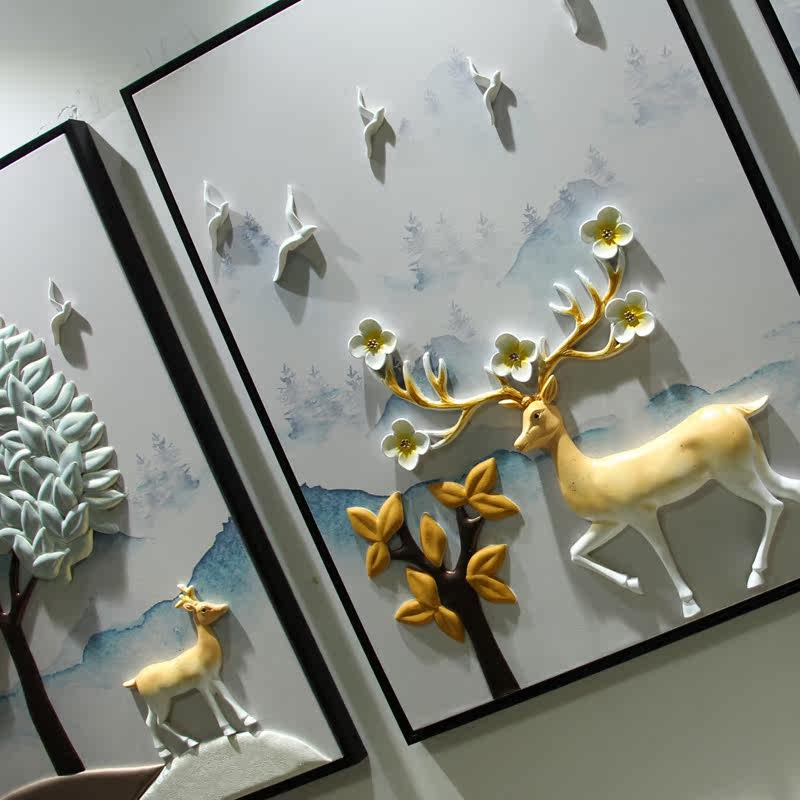 3d立体北欧麋鹿壁画客厅装饰画沙发背景墙 简约三联有框浮雕挂画