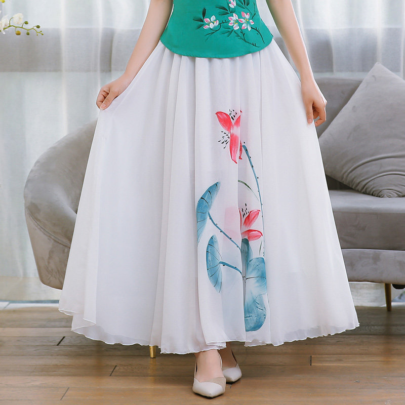 手绘荷花中国国风长款夏天半身裙子百搭搭配半身裙