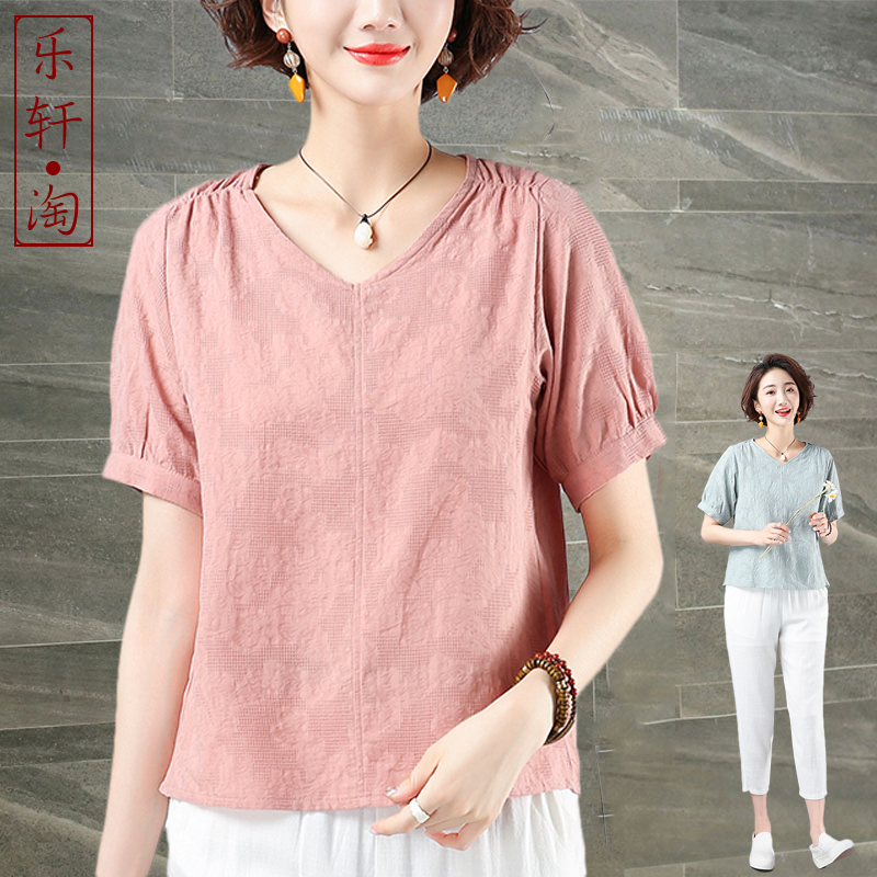 提花小衫棉麻短袖上衣女装2022夏装新款衣服休闲减龄宽松半袖t恤