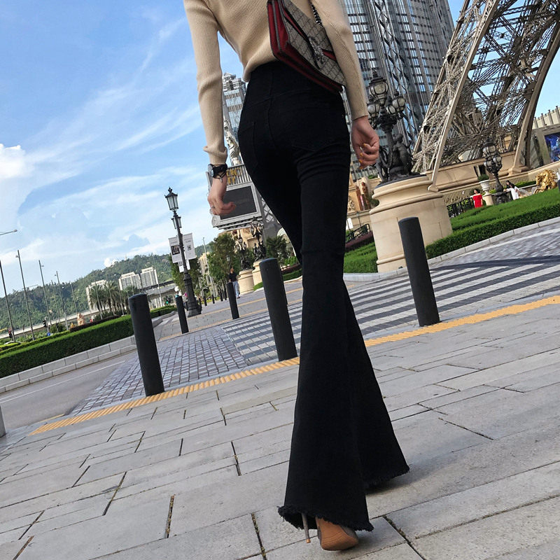 喇叭裤女高高腰显瘦牛仔裤2022春夏黑色紧身拖地牛仔裤