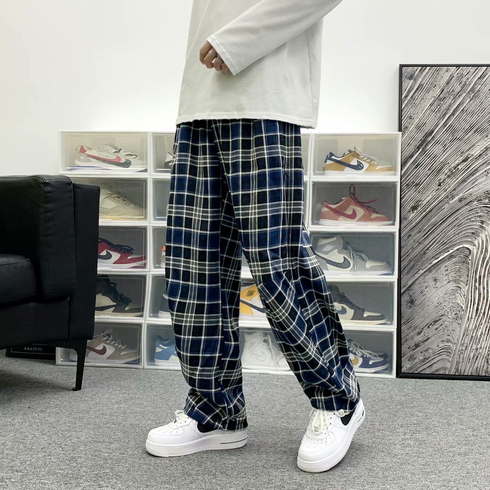 日系格子工装裤男直筒宽松阔腿hiphop原创创高街休闲裤