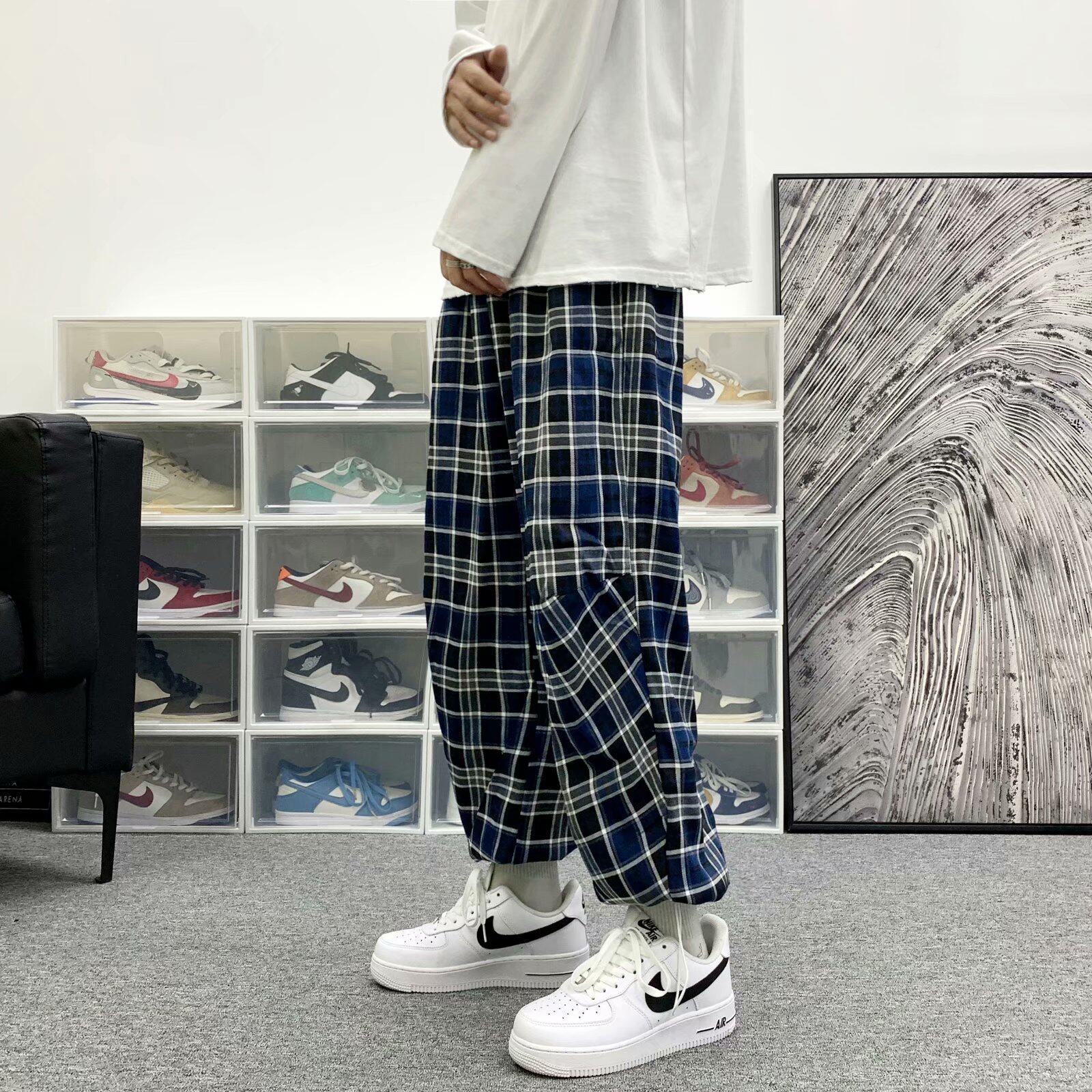 日系格子工装裤男直筒宽松阔腿hiphop原创创高街休闲裤