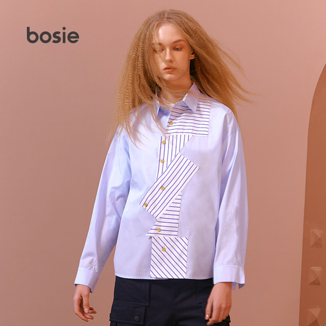 BOSIE autumn shirt men's couple models female tide card geometry simple stitching contrast shirt tide B002 BOSIE autumn shirt men's couple models female tide card geometry simple stitching contrast shirt tide B002