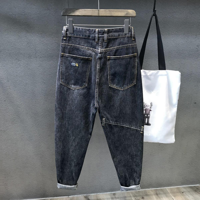 春季牛仔裤男韩版拼接哈伦裤潮流春款微弹黑色束脚裤休闲长裤子潮