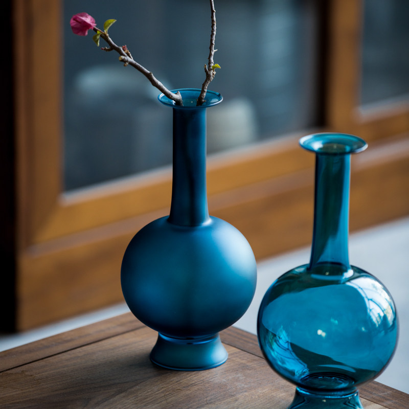 草木祠孔雀蓝水晶玻璃花瓶花艺日式花道插花器长颈水培花插花篮
