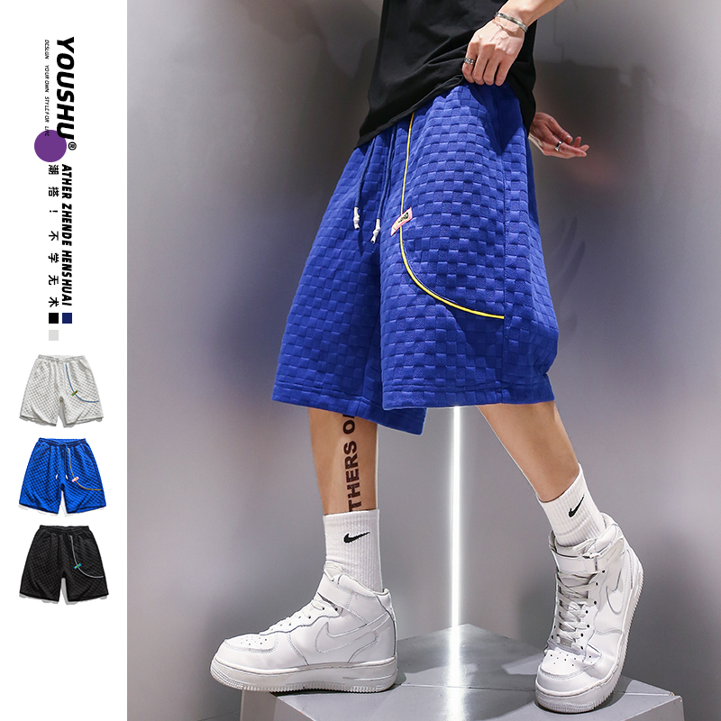 有术夏季华夫格短裤男ins潮牌高街大码宽松潮流克莱因蓝五分裤子