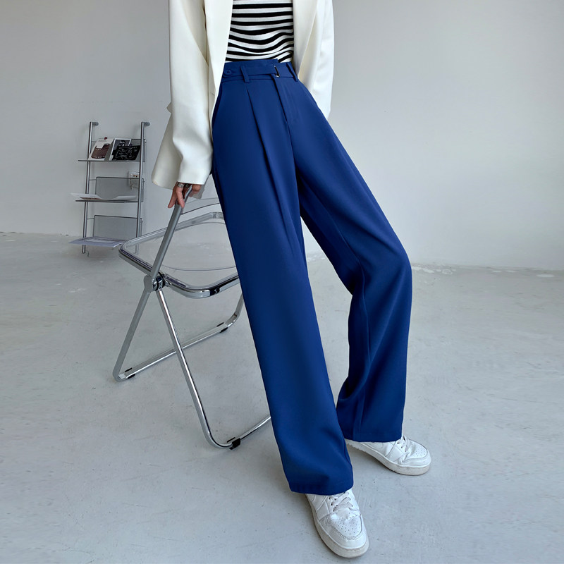 蓝色西装阔腿裤女春秋大码宽松mm高腰垂感休闲裤