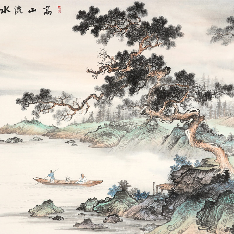 纯手绘精工青绿山水画国画客厅办公室新中式挂画 高山流水听琴音