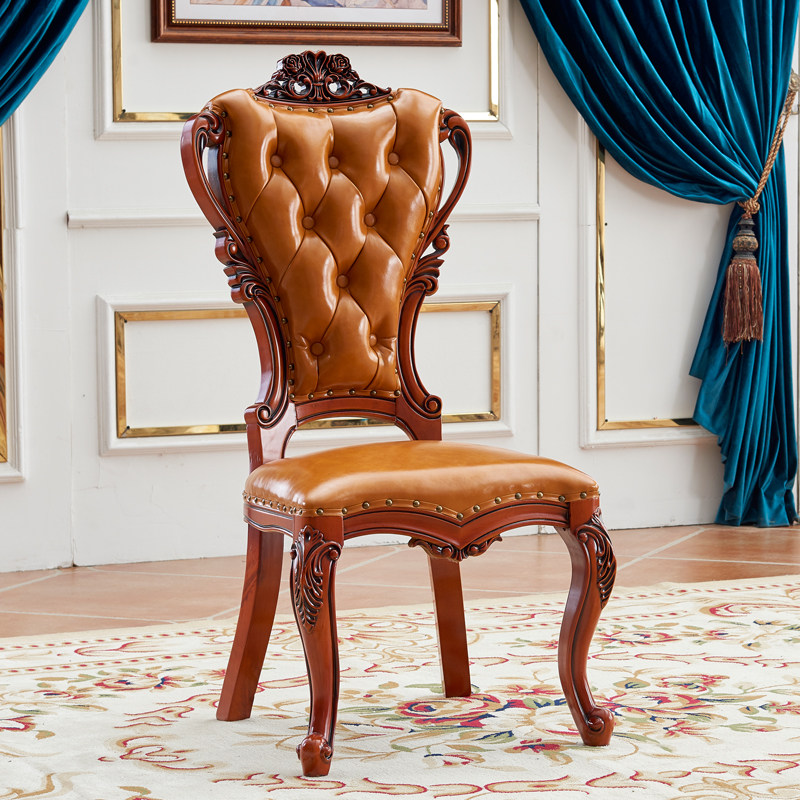 欧式餐椅做旧真皮实木雕刻花家用法式餐厅凳子美式复古新古典椅子