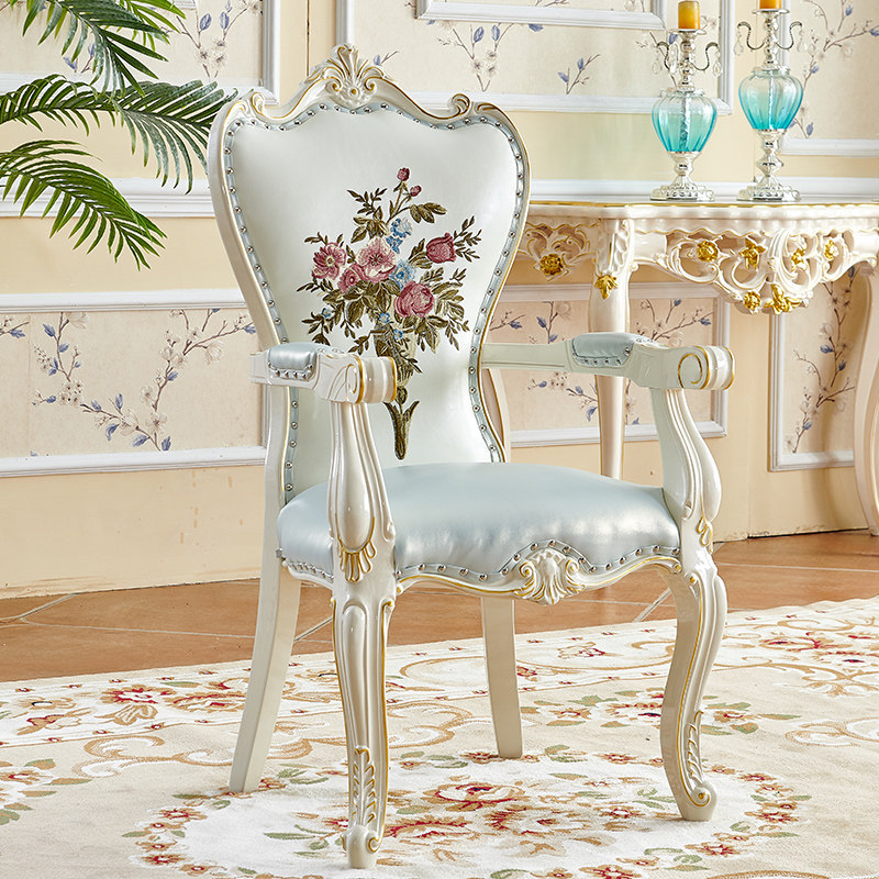 欧式实木椅子公主书桌椅真皮美式简约家用靠背舒适餐椅扶手椅包邮