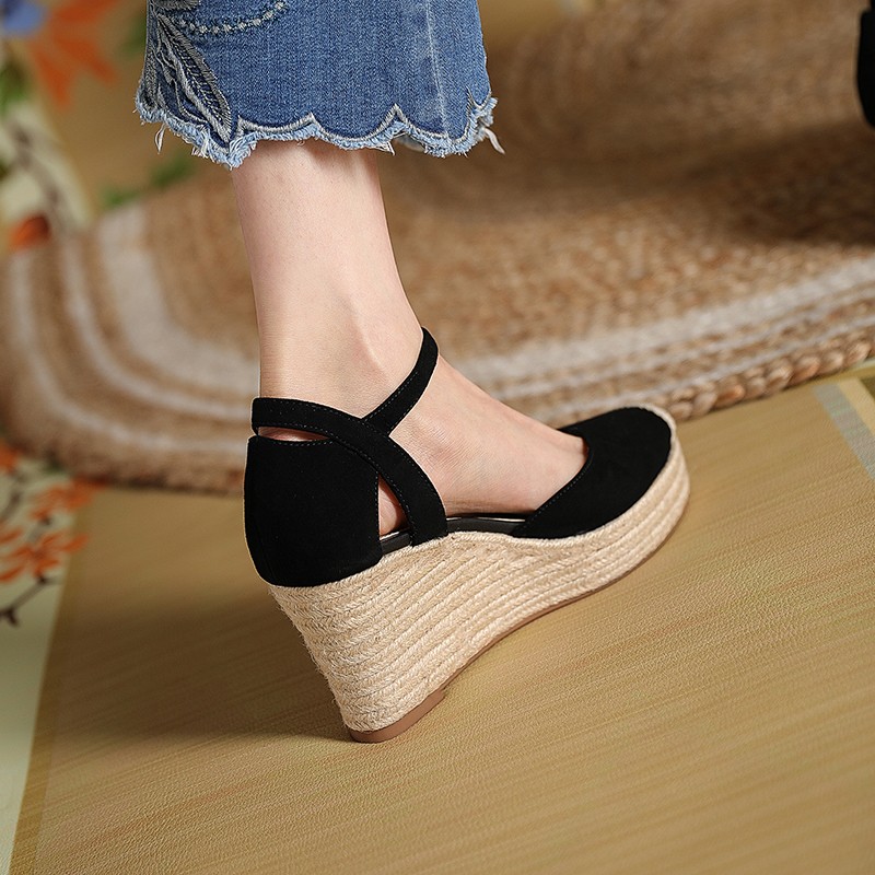草编厚底坡跟凉鞋女2022夏新款包头高跟鞋一字扣带软底增高休闲鞋