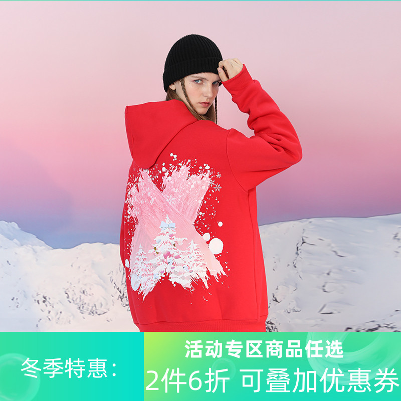 PCMY圣诞新年红色卫衣潮牌涂鸦街头风外套宽松嘻哈连帽套头情侣装