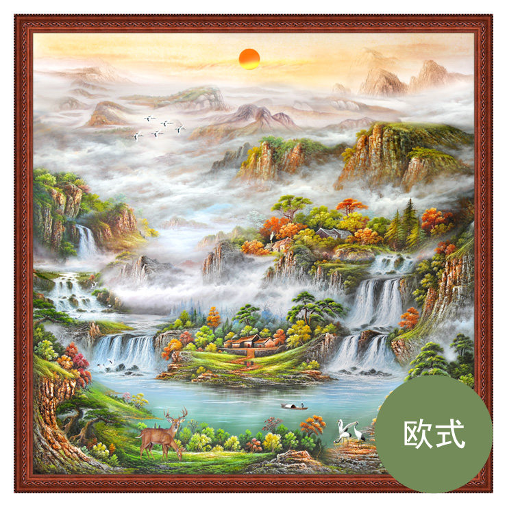 风水山水八方来招财国画客厅办公室玄关过道竖版现代装饰画