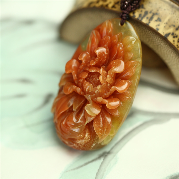 精品岫玉岫岩花玉天然玉石牡丹花挂件玉雕吊坠珠宝奇石