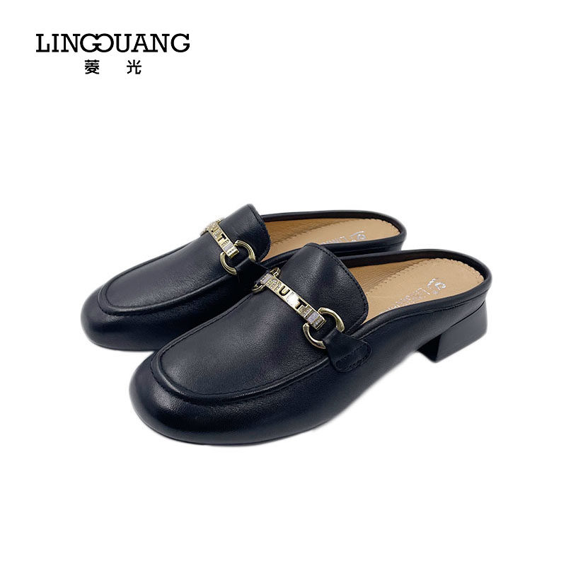 菱光女鞋2023夏季新款真皮马衔扣包头平底穆勒包头拖