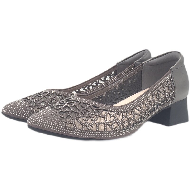 菱光尖头女鞋特大水钻粗跟浅口镂空2021年网纱单鞋