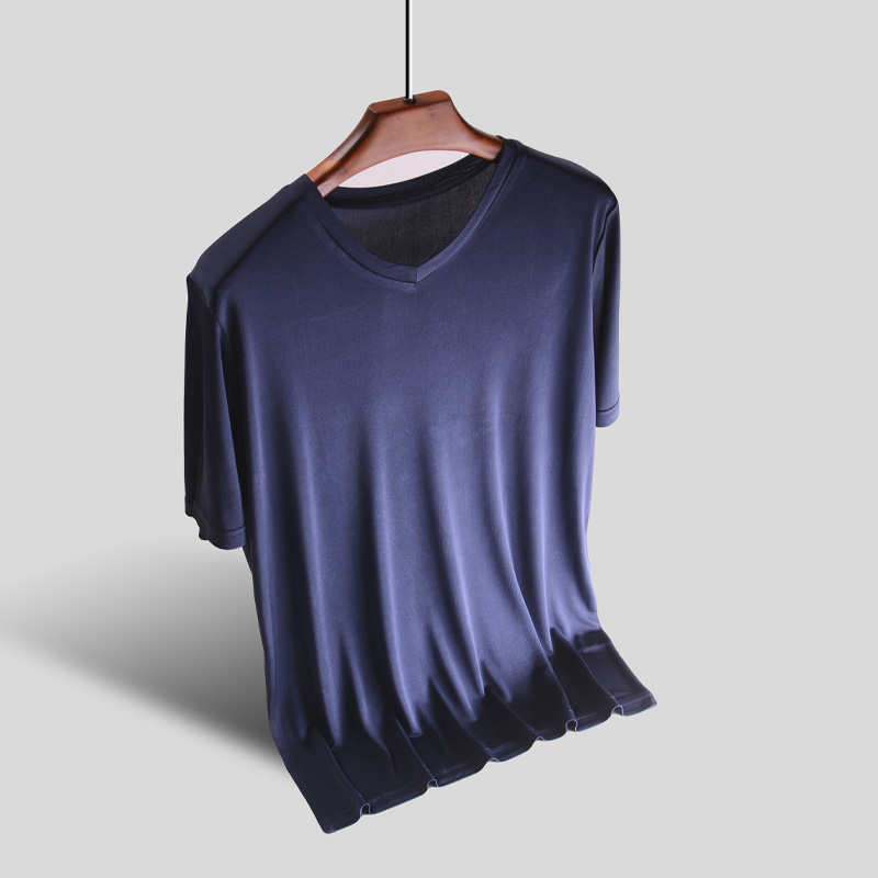 真丝T恤男V领短袖桑蚕丝文化衫夏季运动汗衫大码睡衣薄休闲打底衫