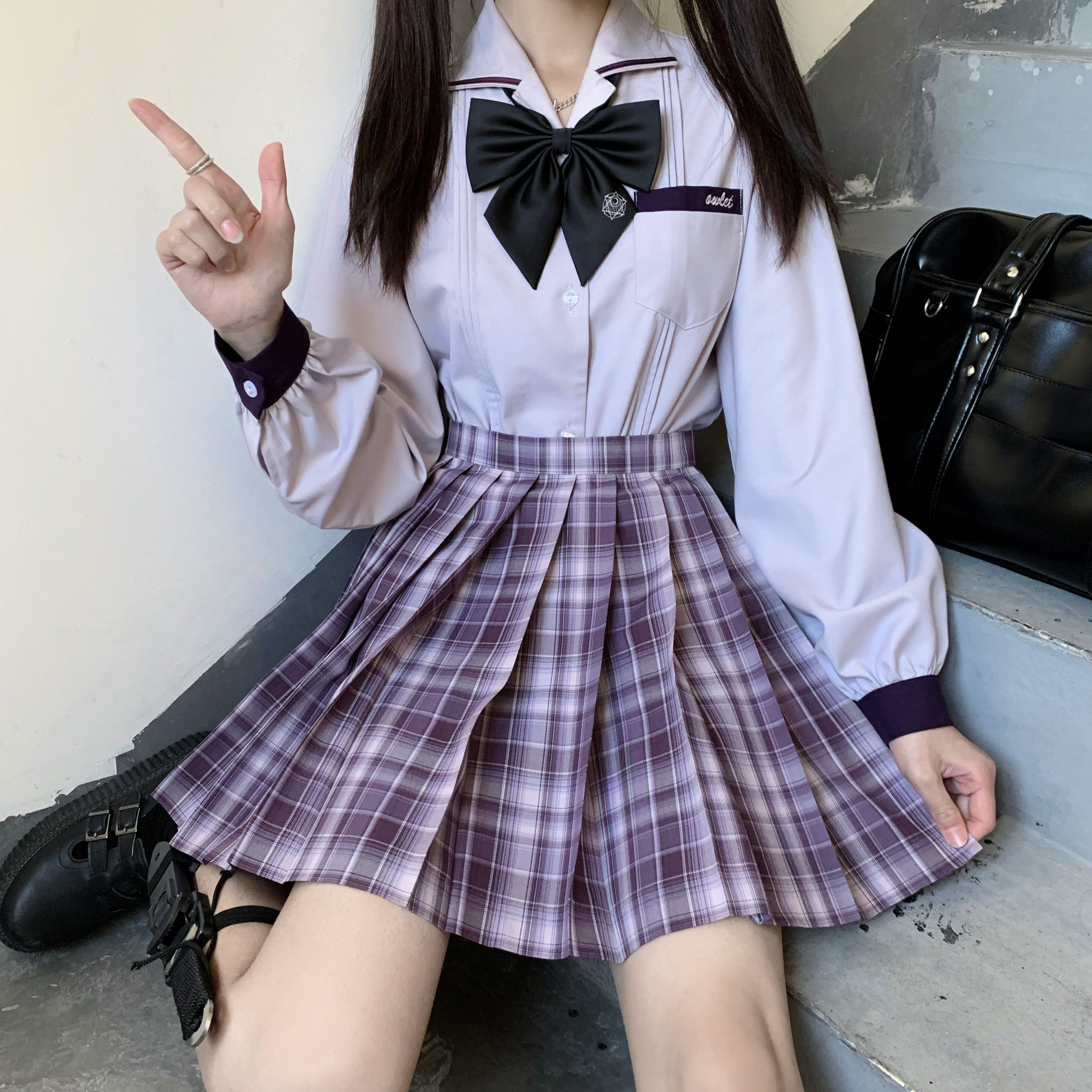 紫色制服jk半身百褶学生酷帅孜卷tr原创半身裙