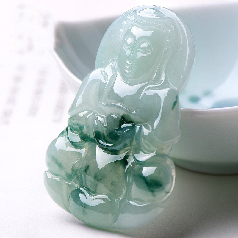 冰种翡翠观音吊坠缅甸飘花青玉玉观音挂件男女颈饰