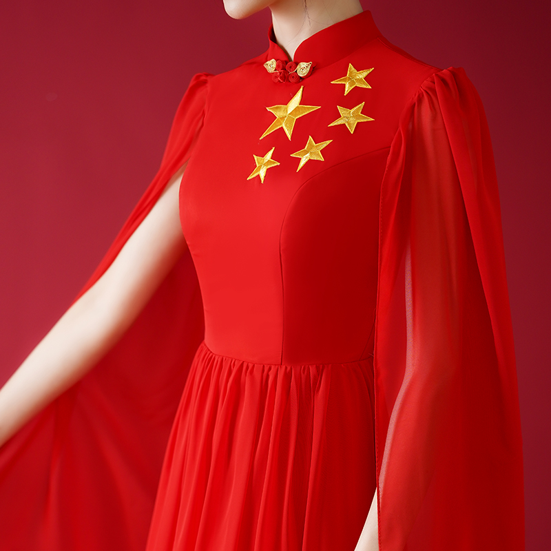 中国国风成人演出服女红歌大合唱团朗诵舞蹈建党礼服