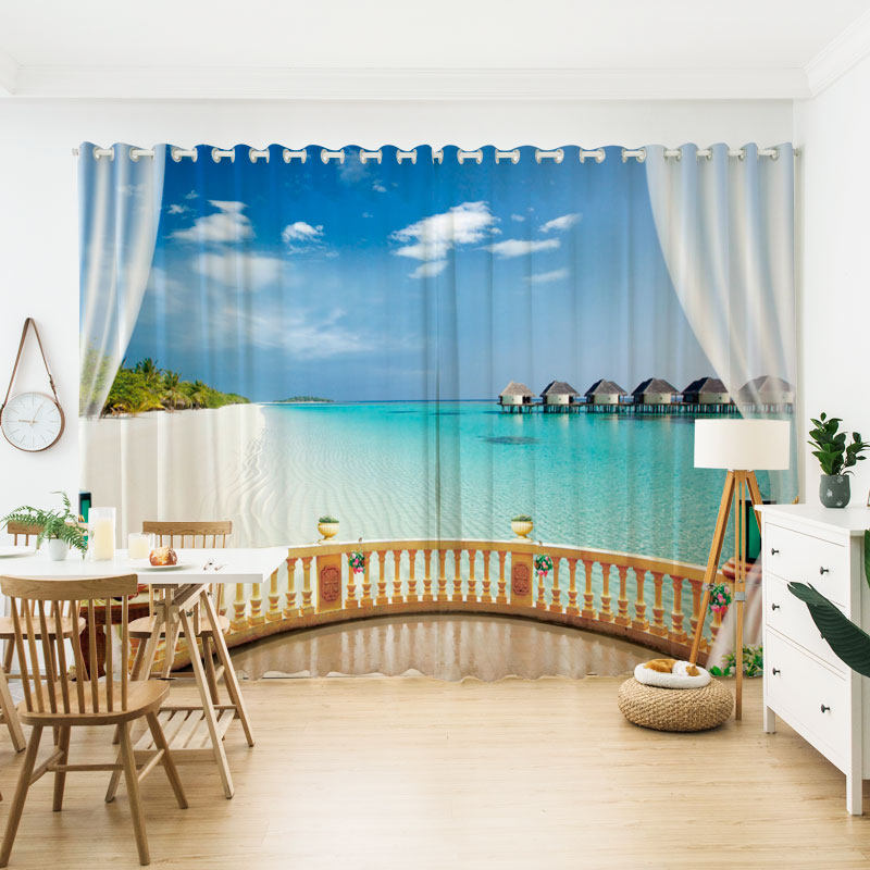 定制3d海景沙滩风景画窗帘布纱帘卧室客厅酒店定制窗帘