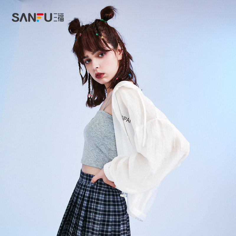 三福外套2021秋季新薄宽松运动抽绳灯笼长袖短外套