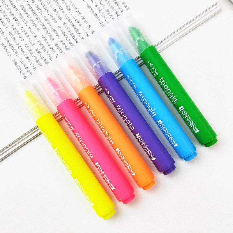超时三角杆粗头荧光笔彩色记号重点标记6色套装荧光笔