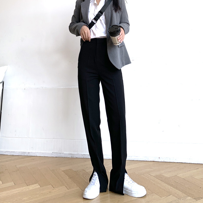 西装裤女春款新款高腰分叉休闲开叉宽松松显休闲裤