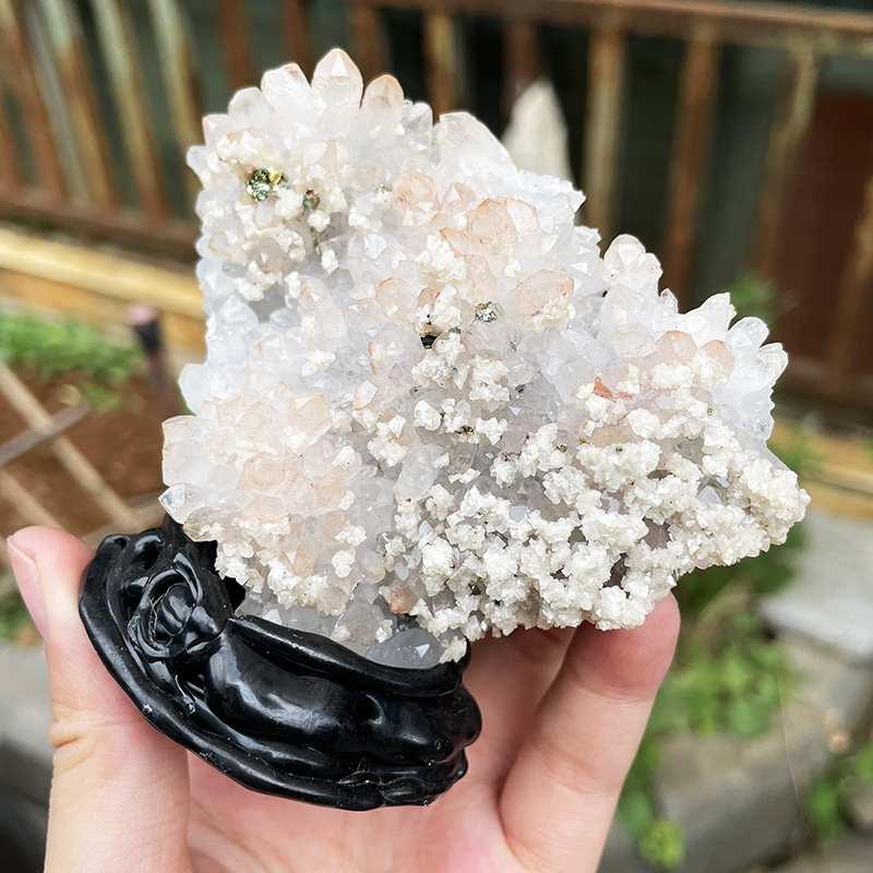 天然湖北粉红红水晶共生白云石晶簇摆件矿物晶体奇石