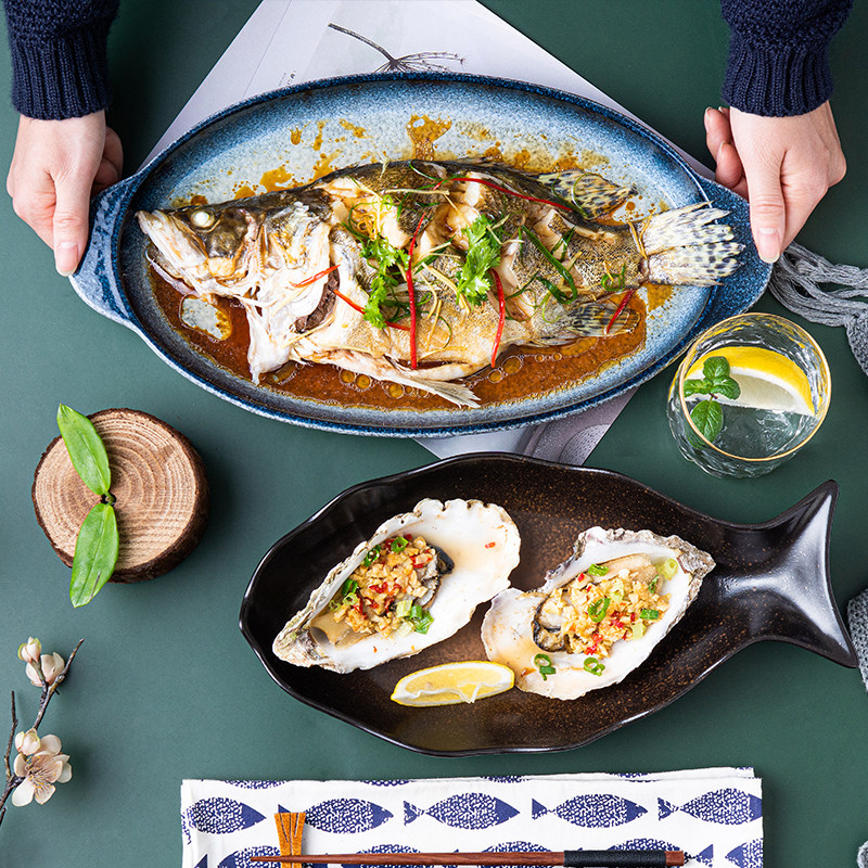 盘子鱼盘陶瓷蒸鱼创意装鱼家用剁椒鱼头专用盘