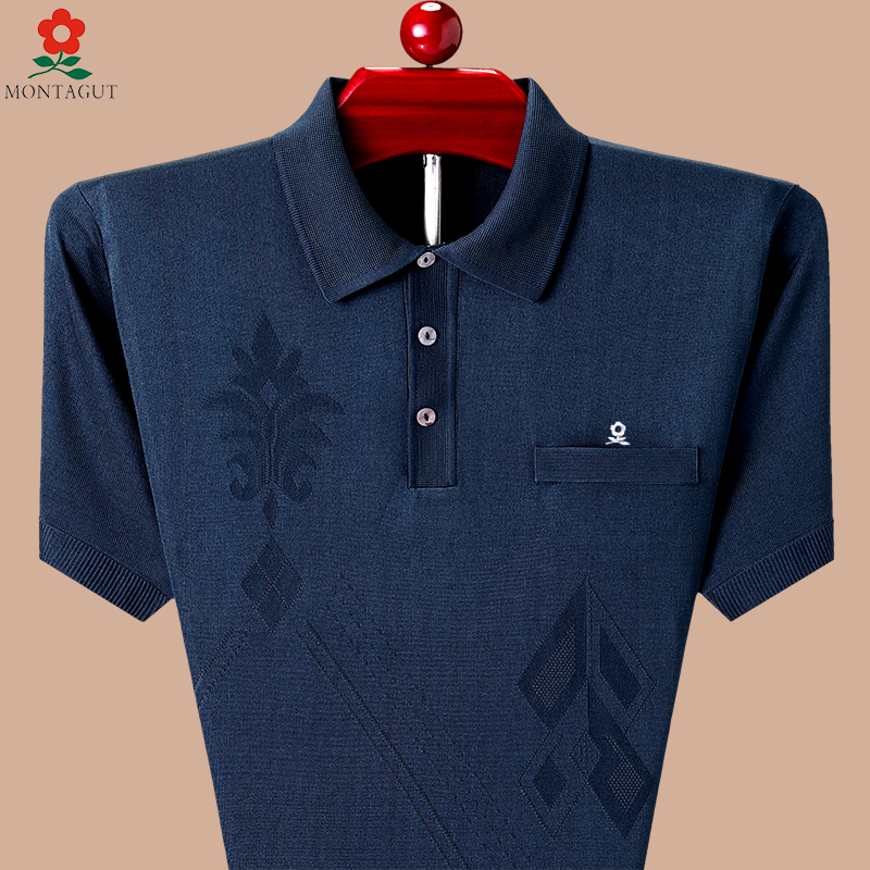 正品梦特娇短袖t恤上衣男士冰丝中老年爸爸装夏季翻领亮丝polo衫