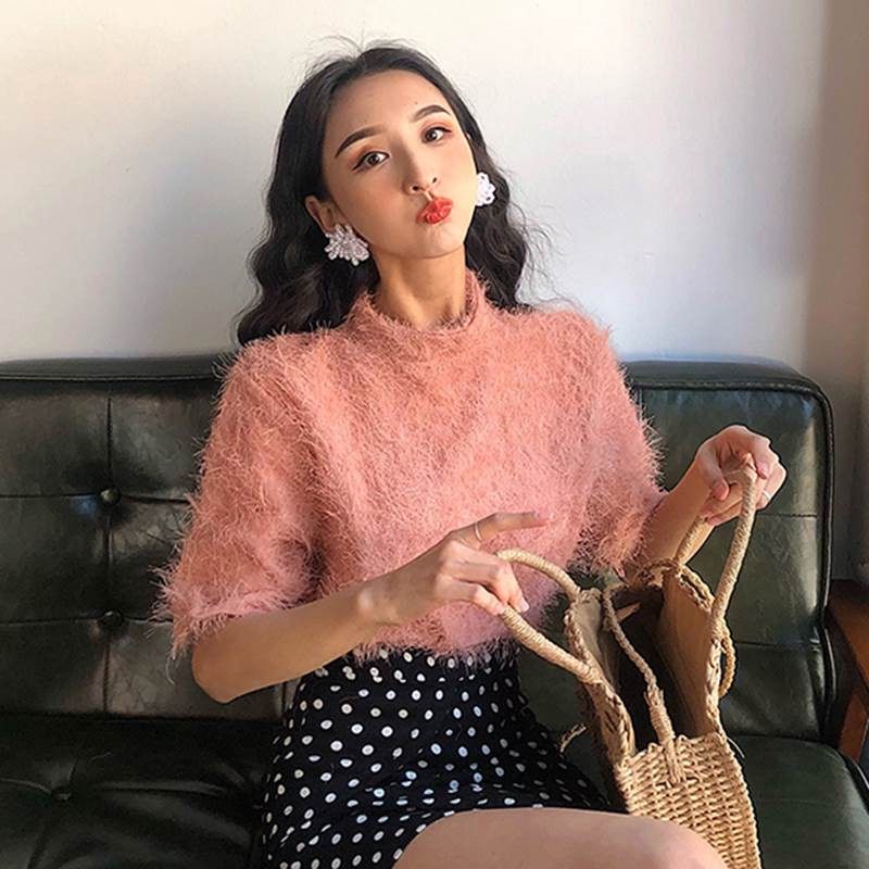 日本购短袖流苏上衣女2018春夏新款韩版复古宽松圆领毛毛打底t恤