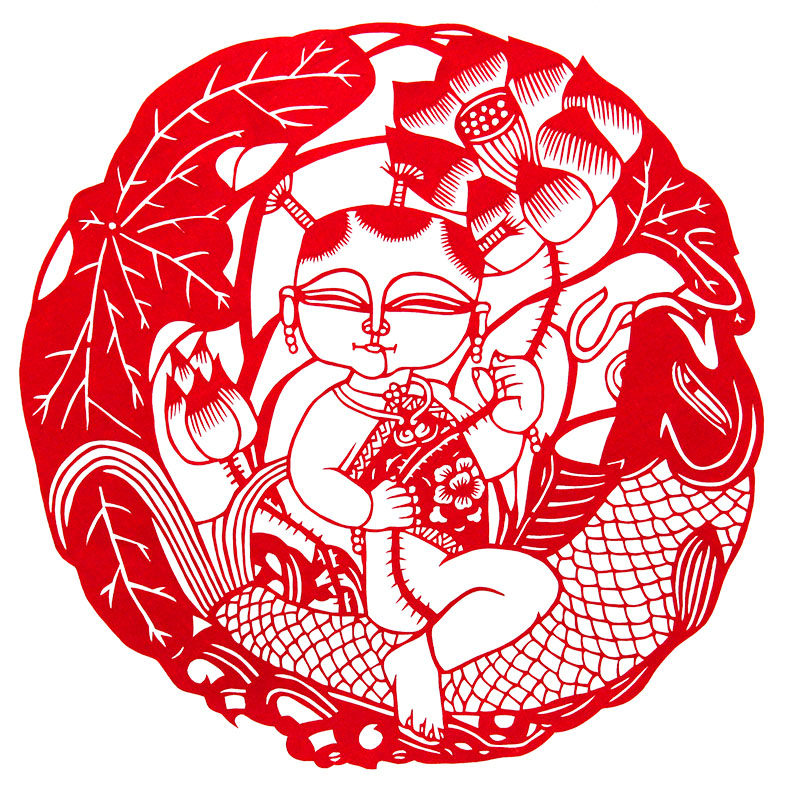 娃娃嬉鱼手工剪纸成品镂空刻纸作品装饰画幼儿园剪纸