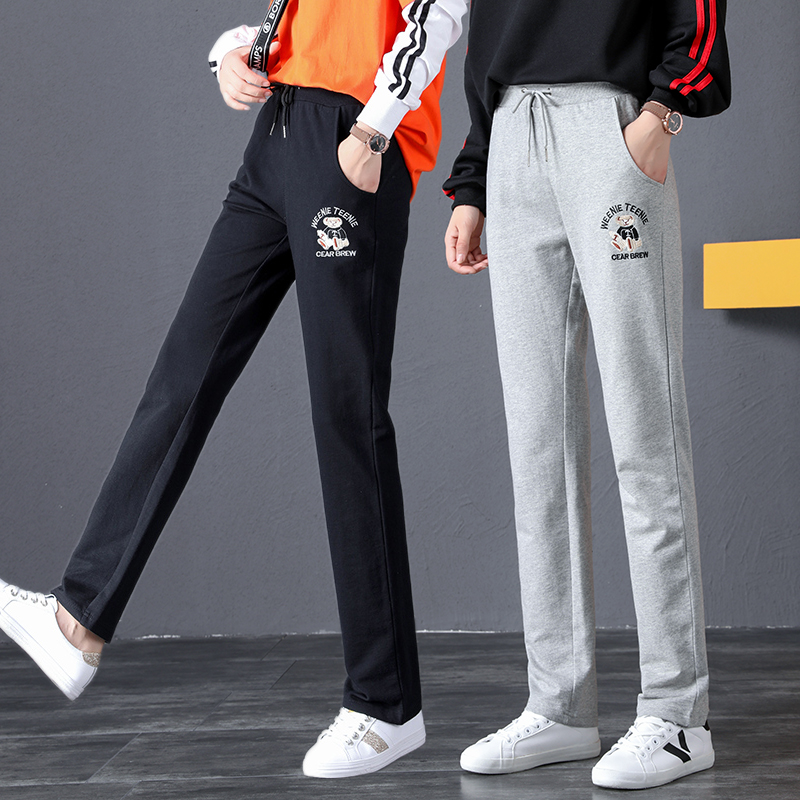 运动裤女春秋纯棉直筒宽松初中学生少女中大童修身冬季加绒休闲裤