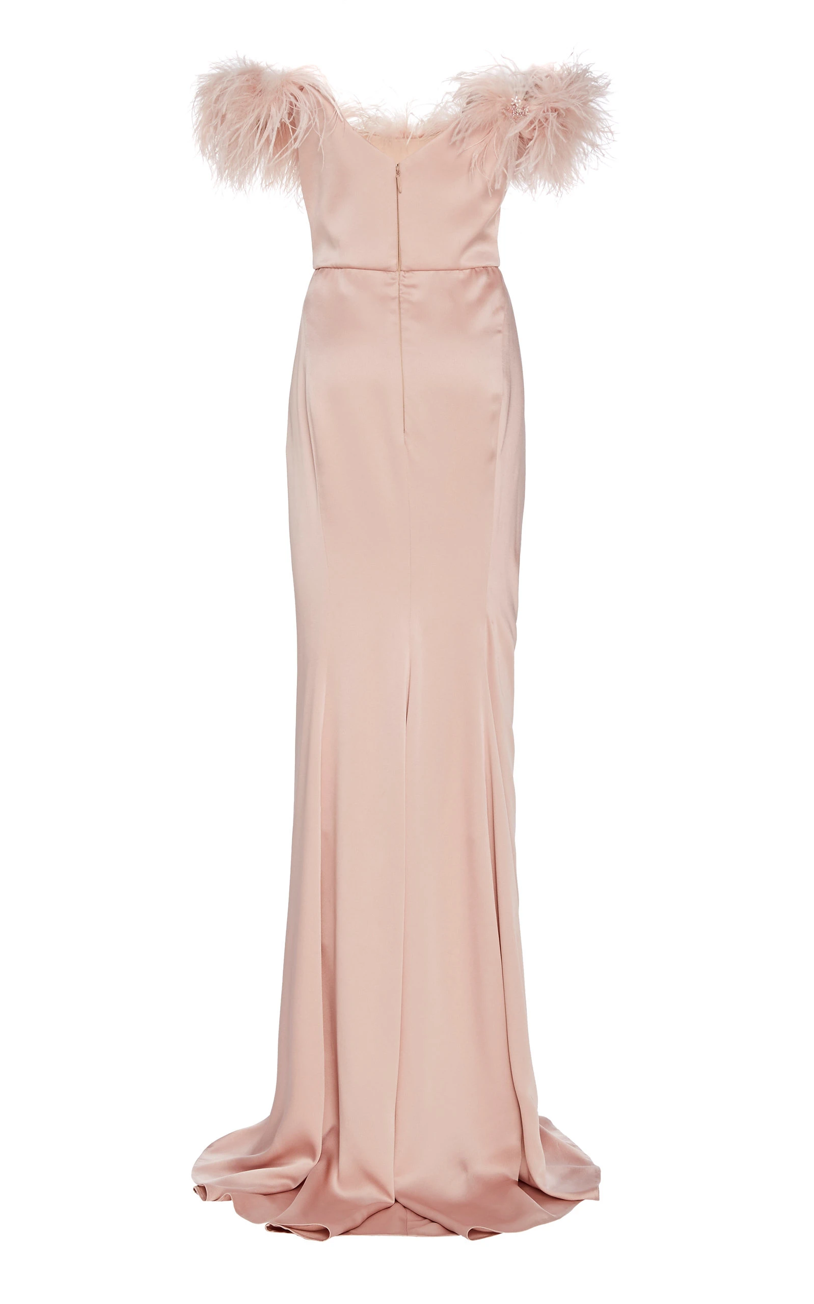 marchesa香槟色一字羽毛开叉简约优雅年会婚宴晚礼服礼服