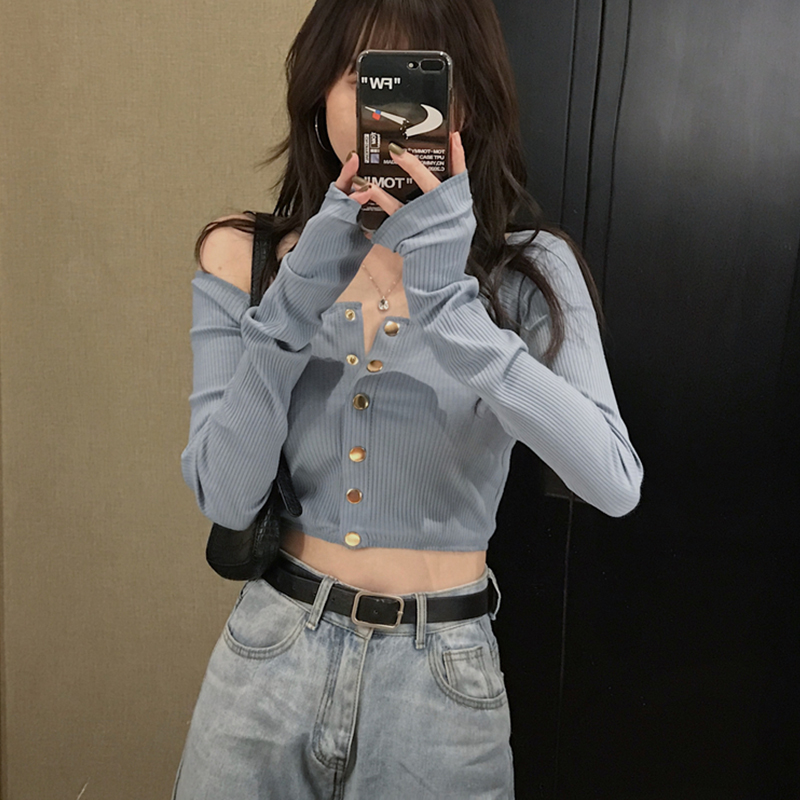 辣妹性感一字肩短款T恤女春装2022年新款打底衫内搭长袖紧身上衣