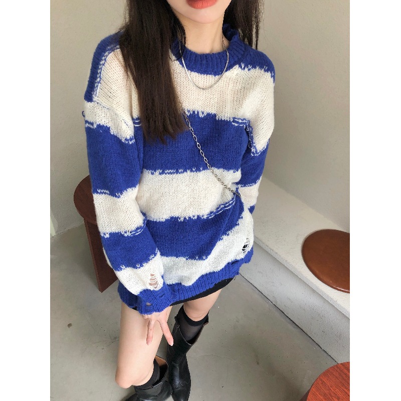 镂空条纹针织衫女秋冬新款慵懒风宽松薄款设计感套头毛衣长袖上衣