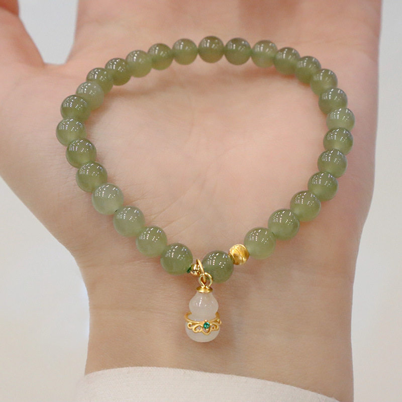 原创s925镶嵌天然和田玉白玉福葫芦手链气质简约手链