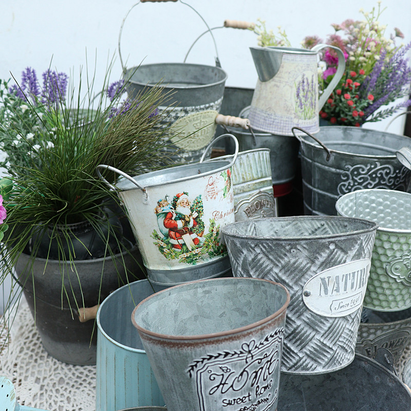 复古做旧铁皮干花插花田园绿植铁艺花盆室内花盆
