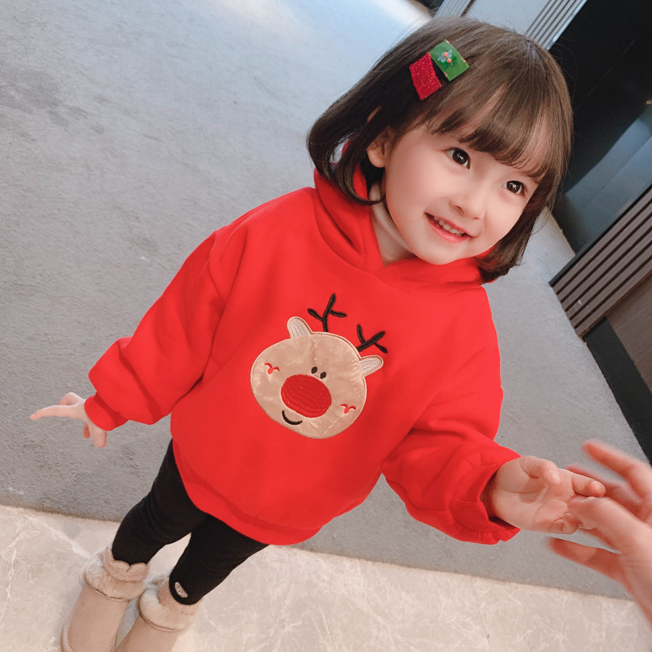 女童拜年加绒圣诞红色卫衣2020年新款儿童加厚毛衣女宝宝冬季童装