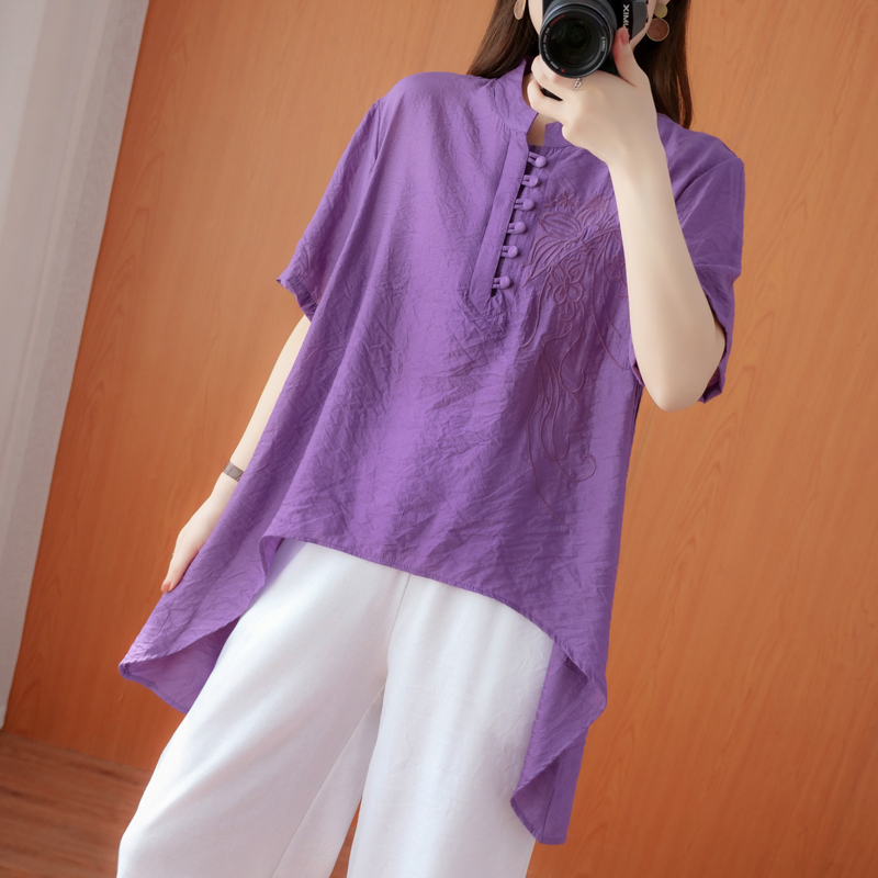 棉麻刺绣短袖T恤女夏新款文艺苎麻衬衫上衣中国风不规则亚麻小衫
