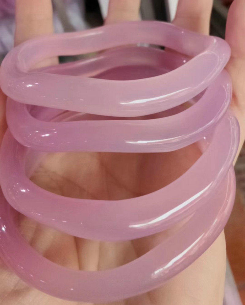 粉色透水波纹玉髓手镯女款玉石波浪玛瑙镯子手镯