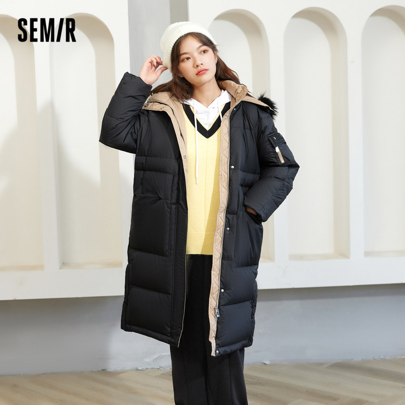 森马羽绒服女长款连帽2021冬季新款可拆卸毛领撞色羽绒服