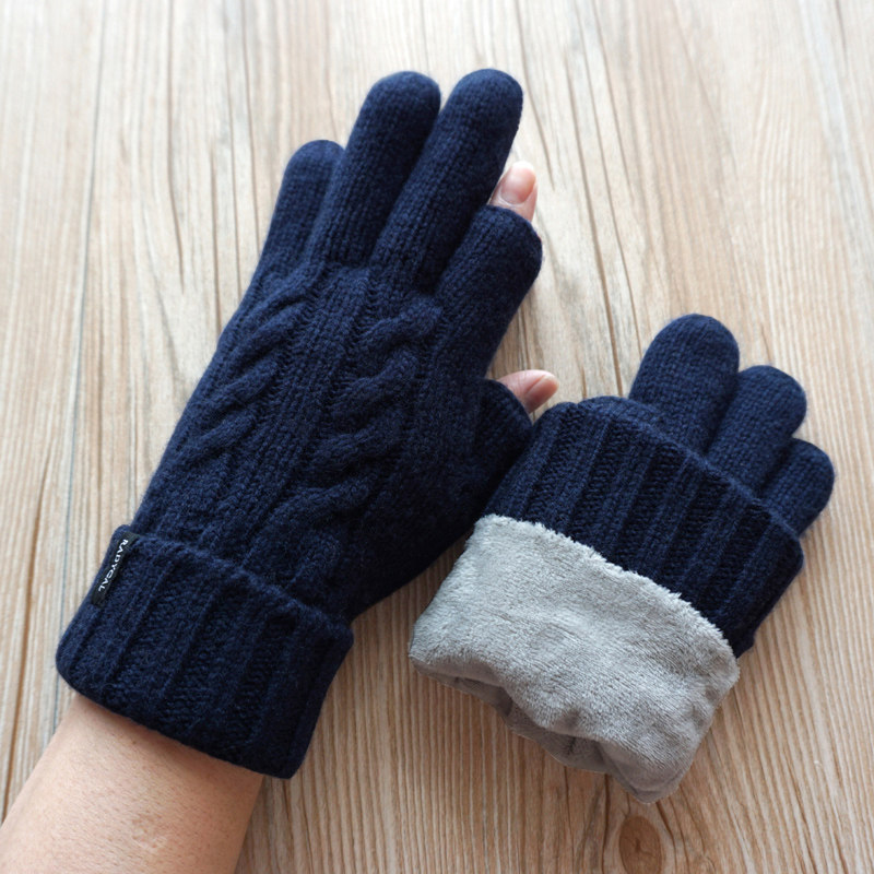 秋冬季男女情侣款羊毛羊绒保暖毛线加绒加厚漏两指触屏拧花短手套