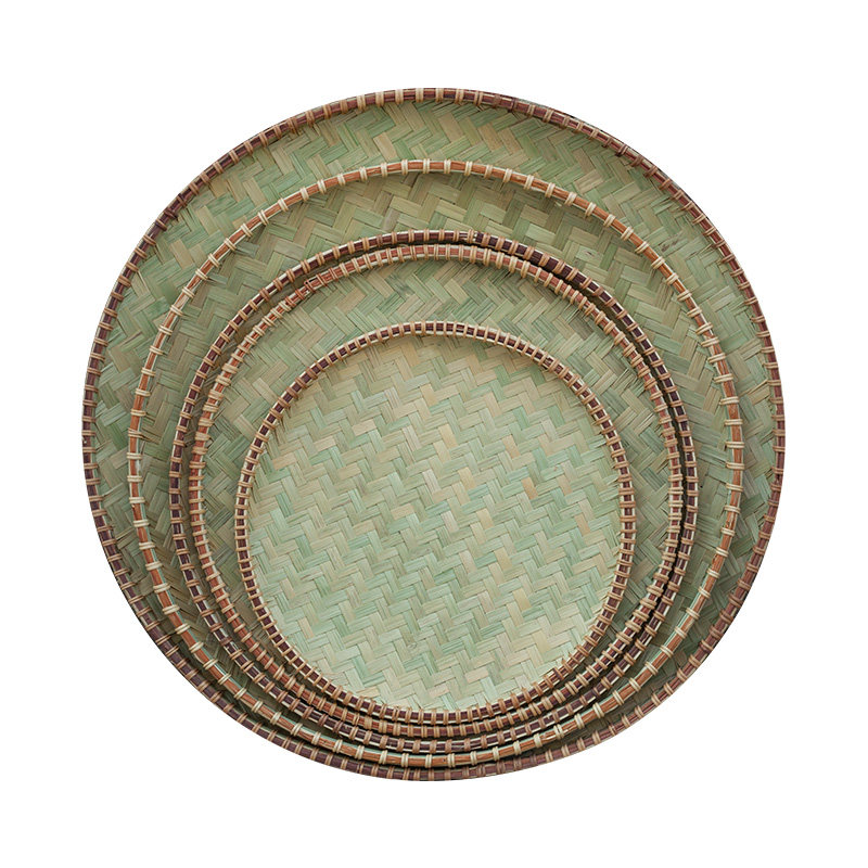 苏里头层竹青竹制品农家圆簸箕托盘,藤条绑边圆形竹皮编织