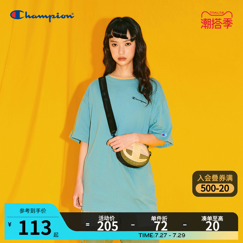 Champion冠军夏季新款印花情侣休闲纯棉短袖t恤男女时尚宽松蓝色