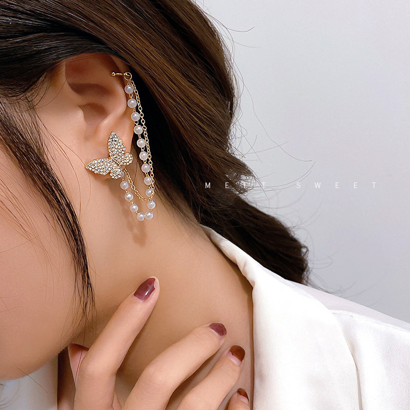 蝴蝶流苏耳钉耳骨一体式耳环耳夹无耳洞女时尚耳环