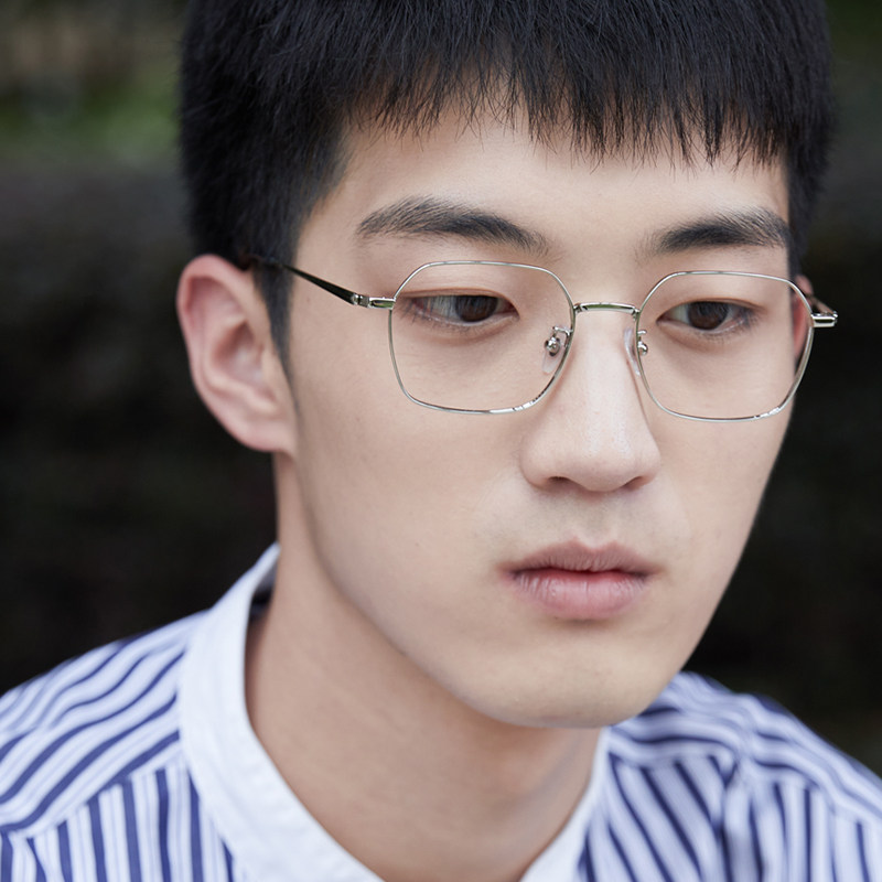 眼镜蒙克桥日文艺纯钛银色金属多边形镜框超轻眼镜架