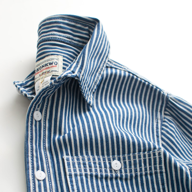 重磅美式复古阿美咔叽衬衫 日系纯棉双口袋蓝白竖条纹工装衬衫男