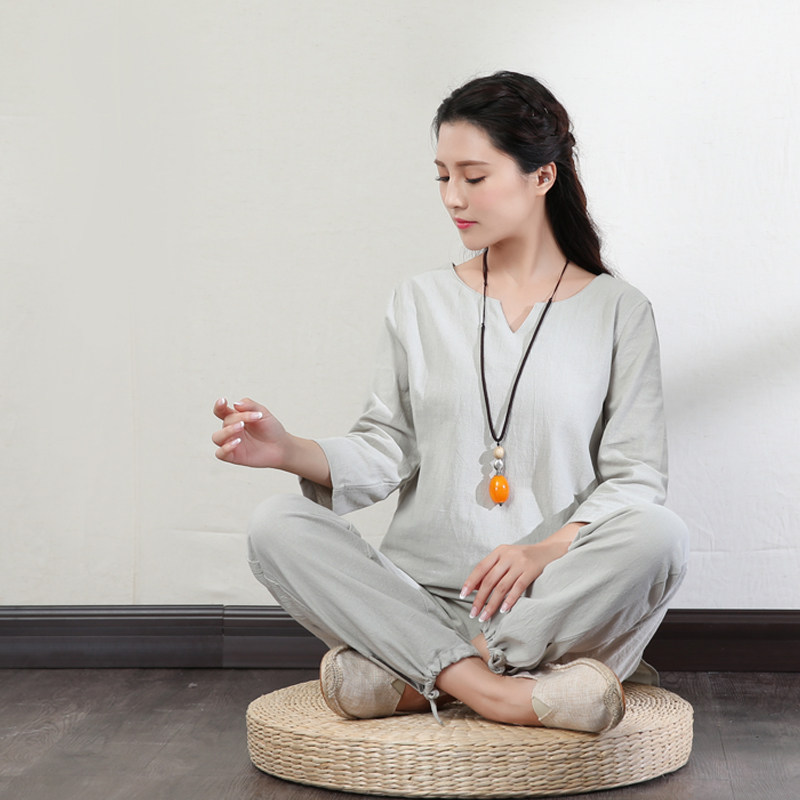 佛系衣服女禅意中国风居士棉麻套装白色茶禅上衣